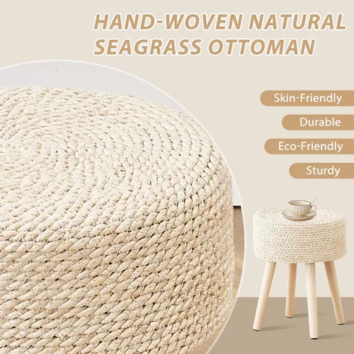 Miniatura 4 de Cpintltr Taburete otomano redondo natural de hierba marina, puf otomano con patas de madera maciza, reposapiés tejido a mano, taburete para sala