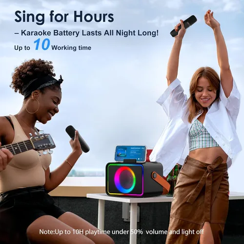 Miniatura 7 de Máquina de karaoke, altavoz Bluetooth portátil con 2 micrófonos inalámbricos para adultos y niños con luces LED, micrófono de karaoke, compatible