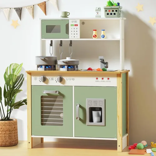 Babytronic Cocina de juego para niños, juego de cocina de madera para niños a partir de 3 años con luces reales, sonidos, estufa, fregadero, horno y