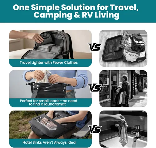 Miniatura 2 de Bolsa de lavado de viaje, diseño de válvula de aire 2 en 1 para lavado separado y menos uso de agua, bolsa de lavado portátil de viaje para camping
