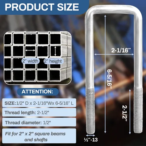Miniatura 2 de 4 Piezas de Pernos en U Cuadrados Galvanizados en Caliente, 2 pulgadas de ancho, (1/2" D x 2 1/16" W x 6 5/16" L) Pernos en U para Remolque de Barco