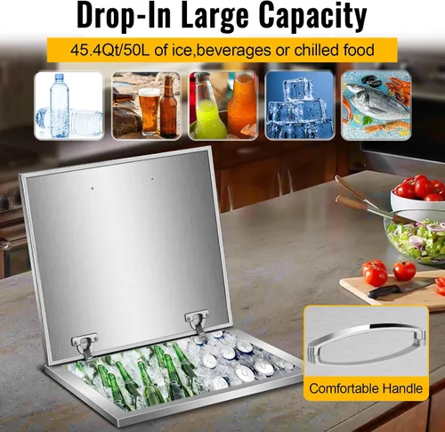 Miniatura 7 de Baúl de hielo con tapa, enfriador de hielo de acero inoxidable incluido, tubo de drenaje y tapón de drenaje, cubo de hielo para cocina al aire libre