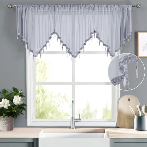 Miniatura 7 de WUBODTI Cortinas transparentes con cenefa con cuentas negras para ventanas, 1 unidad, cenefas de cortina semitransparentes para dormitorio y cocina