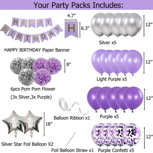Miniatura 2 de Decoraciones de cumpleaños para niñas púrpura y plata Lavanda fiesta decoración Kit para ella mujer incluyendo feliz cumpleaños Banner pompón flor