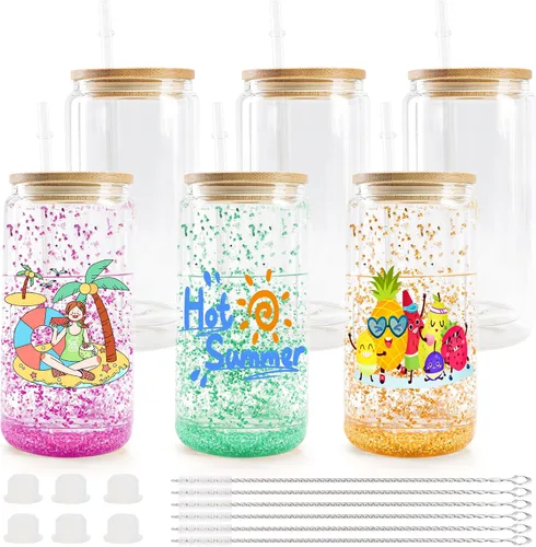 Miniatura 9 de Joyclub Paquete de 8 vasos de vidrio en blanco para sublimación con tapas y pajitas de bambú, latas de cerveza de vidrio esmerilado de 16 onzas