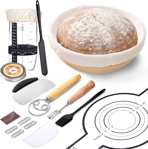 Kit completo de iniciación de masa madre con frasco de vidrio de 25.4 fl oz, cesta redonda de 9 pulgadas a prueba de pan, suministros para hornear