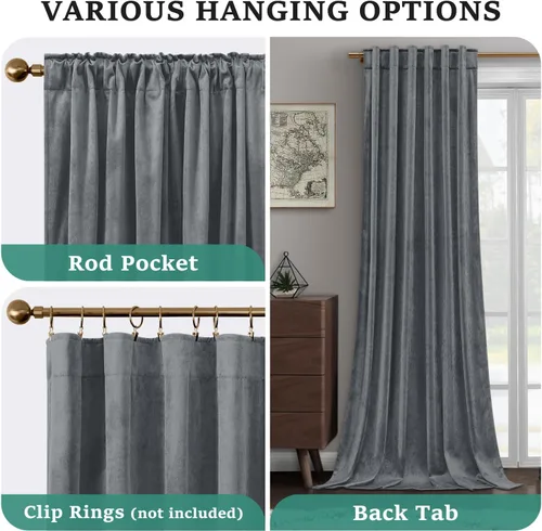 Miniatura 5 de HOMEIDEAS Cortinas opacas de terciopelo gris, 52 x 108 pulgadas, oscurecimiento de la habitación, aislamiento térmico, bolsillo con pestaña trasera