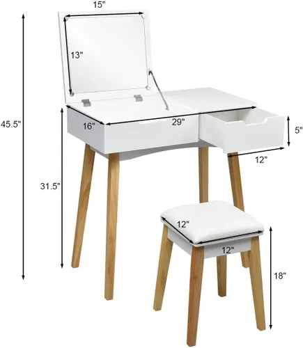 Miniatura 9 de LUARANE - Juego de tocador de tocador, tocador de madera con espejo abatible y taburete acolchado, aplicación multifuncional para dormitorio, baño