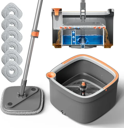 Juego de trapeador giratorio y balde con 6 almohadillas de trapeador de microfibra reemplazables con sistema de separación automática de agua sucia