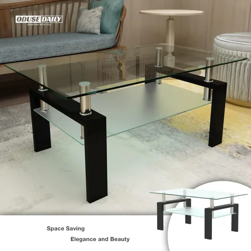 Miniatura 4 de ODUSE-DAILY Morden Design - Mesa auxiliar rectangular de cristal para sala de estar, con patas de metal negro, vidrio templado transparente