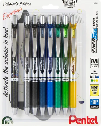 Pentel EnerGel RTX - Bolígrafo de gel líquido retráctil, paquete Scholar Expressions, 0.7mm, punta de metal, línea mediana, tinta de colores