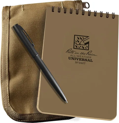 Rite In The Rain Kit de Cuaderno de espiral superior resistente a la intemperie de 4 x 6 pulgadas: Cubierta de tela Cordura color canela, cuaderno