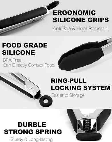 Miniatura 5 de Anaeat Pinza de bloqueo de silicona antiadherente - Pinza de cocina de acero inoxidable de 7" mini con puntas de silicona antideslizantes y agarre 1