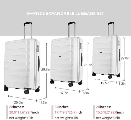 Miniatura 9 de GinzaTravel Maleta giratoria rígida, equipaje de mano, resistente al desgaste y a los arañazos con ruedas, Blanco, 3-piece Set