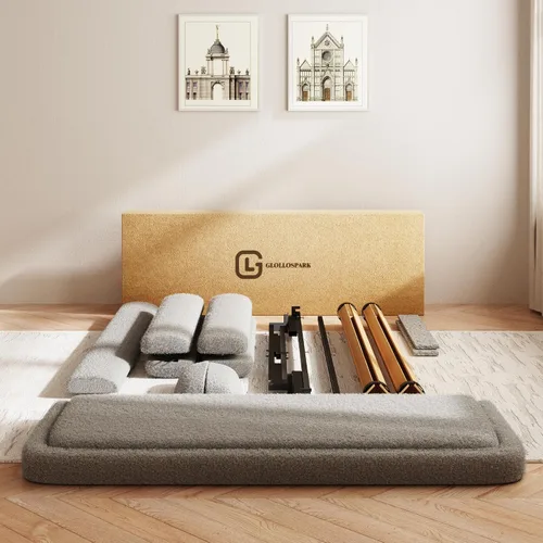Miniatura 7 de Base de cama Boucle tamaño King, plataforma tapizada en nube con cabecero ajustable en altura y esquinas redondeadas suaves, no necesita somier, sin