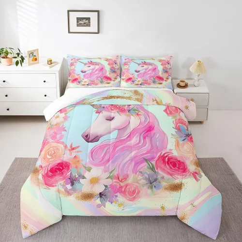Miniatura 3 de Erosebridal Juego de ropa de cama de unicornio para niñas, tamaño individual, edredón de plumón kawaii para niñas, lindo juego de edredón de caballo