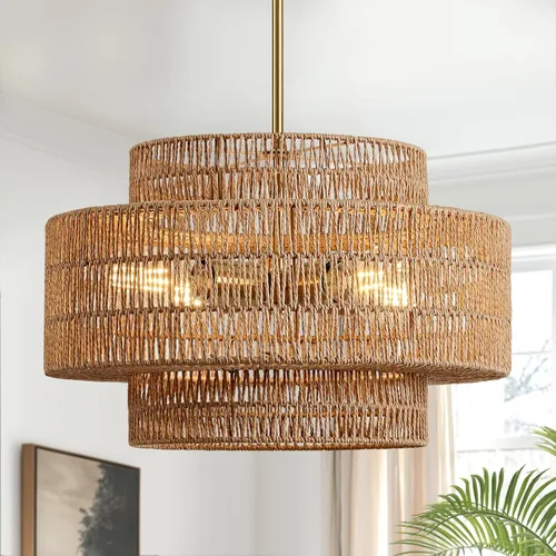 Miniatura 14 de 12.4” Candelabro de ratán boho, 1 luz, lámpara colgante tejida a mano, lámpara colgante rústica de estilo granja para isla de cocina, recámara