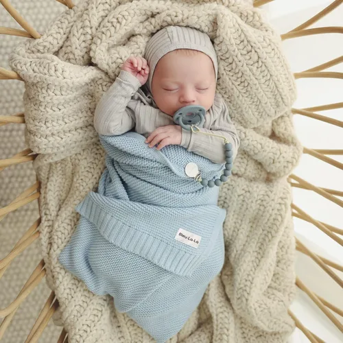 Miniatura 4 de Manta envolvente tejida de algodón orgánico Bleu La La para niños - 100% algodón orgánico suave de lujo - Manta de arrullo y acurrucamiento cálida