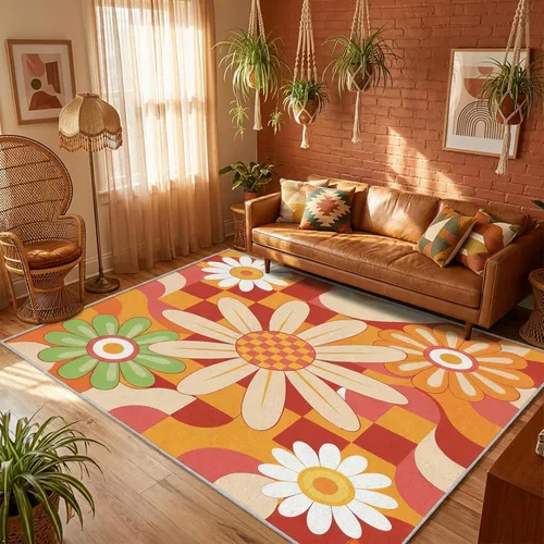 Miniatura 17 de Alfombra retro de los años 70, lavable de 6 x 9 pies para sala de estar, alfombra de interior con patrón de vórtice abstracto, decoración retro