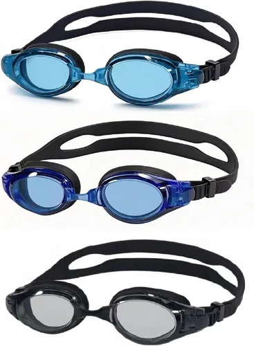 Paquete de 3 gafas de natación para adultos y niños a partir de 6 años, sin fugas, antivaho con protección UV, con 3 fundas duras de viaje