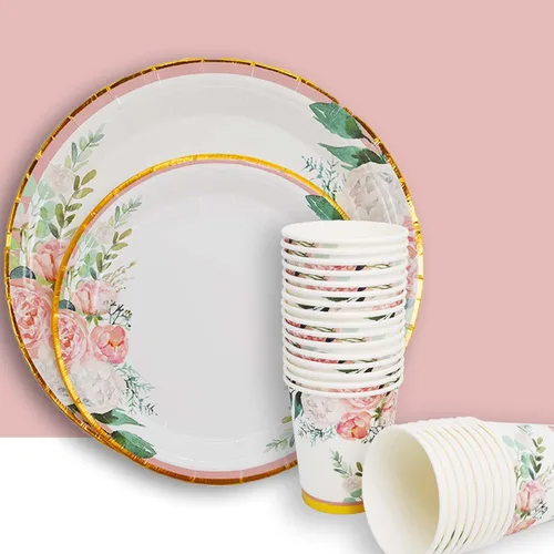 Miniatura 7 de HAPRAY - Conjunto floral de platos desechables y servilletas para 24 invitados, incluye platos, vasos, cuchillos, cucharas y tenedores para baby