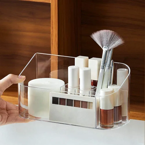 LINFIDITE Bandeja organizadora de maquillaje, gabinete de baño, almacenamiento de cosméticos con 9 compartimentos, 2 divisores extraíbles,