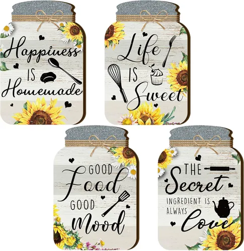 Miniatura 8 de Qunclay Juego de 4 tarros de madera rústica para decoración de pared de cocina con girasol, decoración del hogar, decoración inspiradora