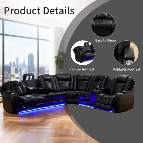Miniatura 6 de Sofá modular reclinable eléctrico para sala de estar, moderno juego de sofá modular de cuero negro en forma de L, juego de sofá reclinable