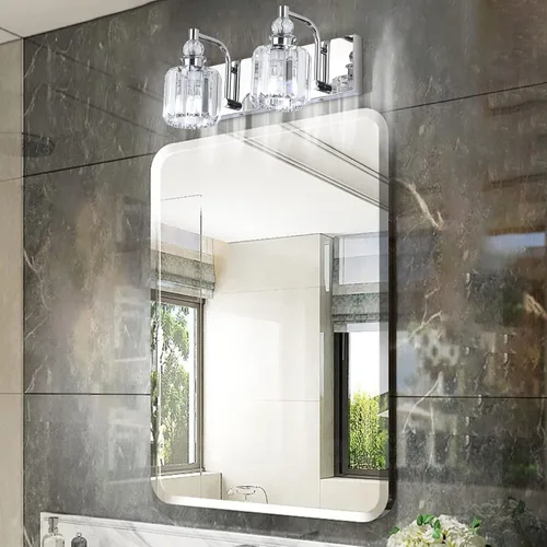 Miniatura 4 de Ralbay - Luces de tocador de cristal, 2 luces, modernas lámparas de cromo de cristal para iluminación de baño, para usar sobre el espejo