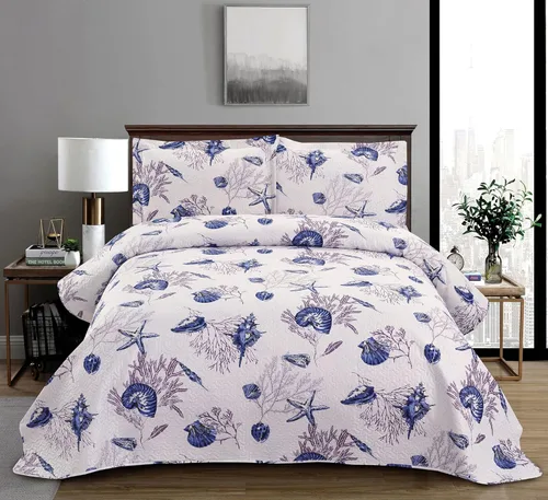 Miniatura 12 de Juego de cama reversible de 3 piezas con diseño náutico, tamaño Queen (90x90 Pulgadas), con conchas de mar azul-verde y coral, juego de colcha