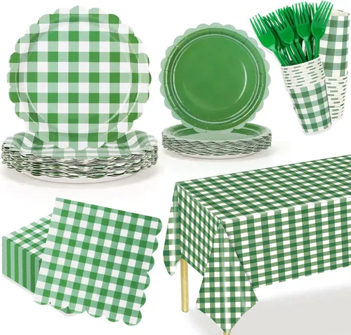 Suministros de fiesta de cuadros verdes, incluyen platos de papel festoneado desechables de 9 y 7 pulgadas, servilletas, vasos, tenedores, manteles