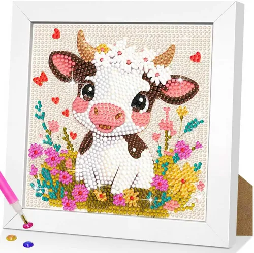 QUITEDEW Kit de pintura de diamante de vaca con marco de madera, arte de diamantes de animales para principiantes, paquete pequeño y hermoso para