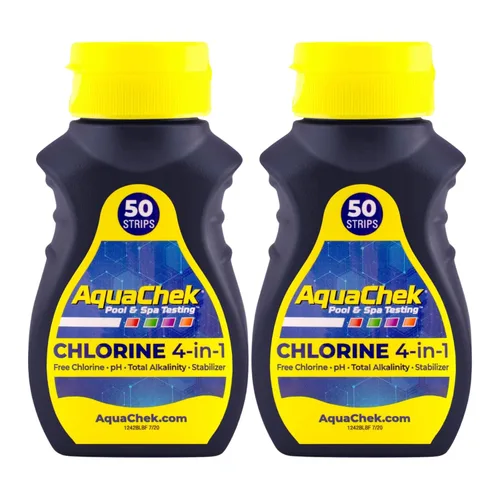 AquaChek Tiras de prueba amarillas de 4 vías para piscina y spa, 50 unidades, precisión verificada por laboratorio para pH, cloro, alcalinidad y