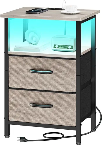 Miniatura 17 de Vagusicc Nightstand with Charging Station, End Table Bedside Table with 2 Fabric Drawers, Black Night Stand with USB Ports & Outlets, 24.2" Tall Bed