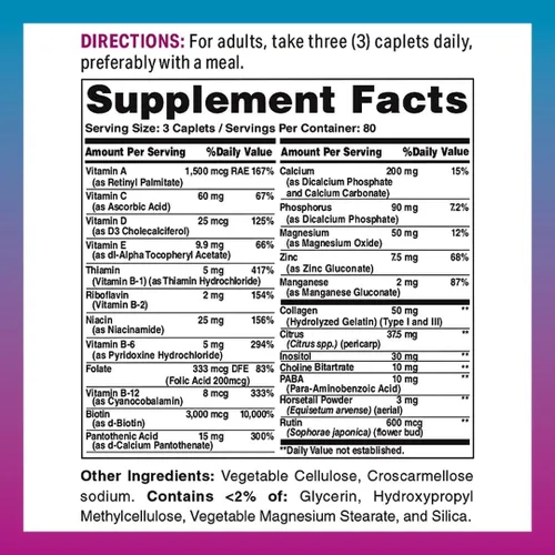 Miniatura 2 de Vitamin World Cápsulas de Fórmula 240 para cabello, piel y uñas, colágeno tipo I y III, 3000mcg de biotina, antioxidante, recubierto, sin gluten