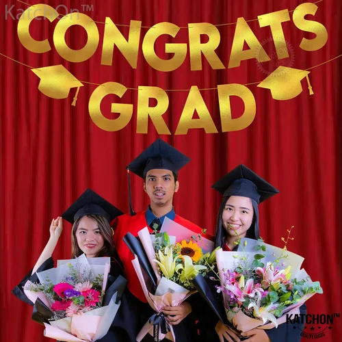 Miniatura 5 de KatchOn, Banner de graduación de felicitaciones doradas y negras con purpurina, 10 pies, pancarta de graduación dorada y negra, guirnalda de gorra