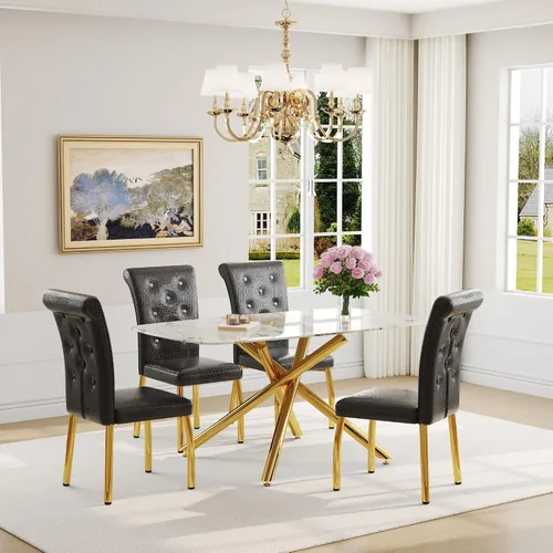 Miniatura 36 de Juego de mesa de comedor moderna para mesa de comedor negra de 4,63 pulgadas, juego de 4 con patas de metal dorado, mesa de cocina rectangular