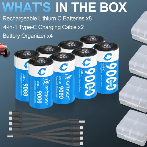 Miniatura 7 de Artman - Paquete de 4 baterías recargables de litio C, baterías de celda C de 1.5 V con cable de carga USB-C 2 en 1, batería de iones de litio