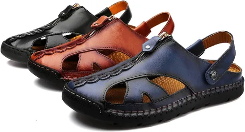 Miniatura 7 de JAMONWU Men's Casual Closed Toe Adjustable Leather Sandals Handmade Fisherman Beach Sandals
