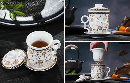Miniatura 3 de Taza de té de porcelana con tapa de infusor y juegos de platillos – Taza de café de cerámica china Jingdezhen Taza de té de hoja suelta Sistema