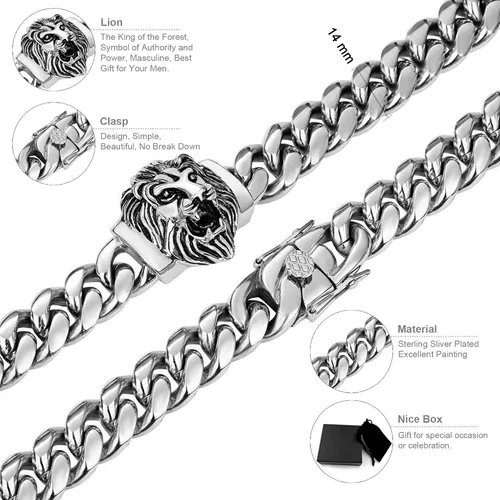 Miniatura 3 de Cadena de eslabones cubanos para hombre, gargantilla de león, collar de plata Hip Hop de 18 pulgadas, 20 pulgadas y pulsera de 8.5 pulgadas, juego