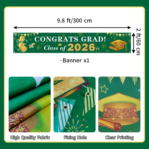 Miniatura 2 de Decoraciones de graduación 2026 Congrats Grad Class of 2026 - Cartel de graduación verde y dorado para patio, decoraciones colgantes para interiores