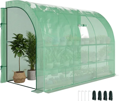 Miniatura 10 de Outsunny Invernadero Adosado de 10' x 5' x 7', Casa Verde Transitable, Vivero de Plantas con 2 Puertas Enrollables y Ventanas, Cubierta de PE y 3