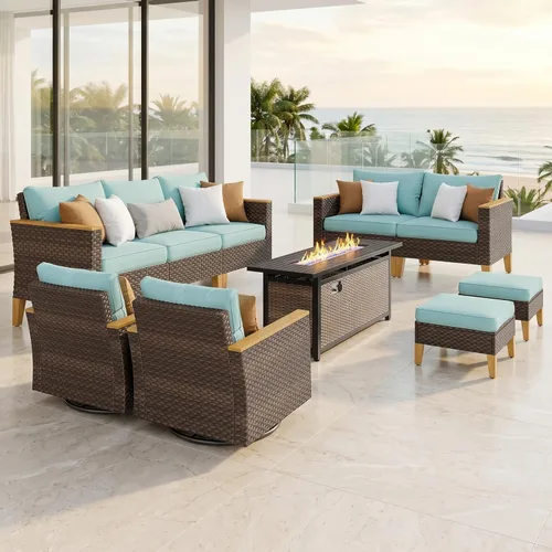 Miniatura 32 de PHI VILLA Otomana de mimbre para patio, 2 piezas, asiento otomano de mimbre para todo tipo de clima, reposapiés para exteriores con cojines