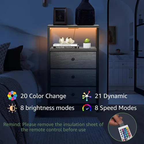 Miniatura 37 de BOLUO Mesita de noche blanca con estación de carga, mesa de noche LED con 2 cajones de tela, mesa auxiliar con puertos USB y tomas de corriente