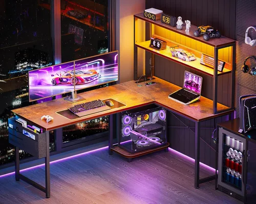 Miniatura 4 de ODK - Escritorio en forma de L de 53 pulgadas con iluminación LED, escritorio reversible para juegos con tomas de corriente, mesa de computadora