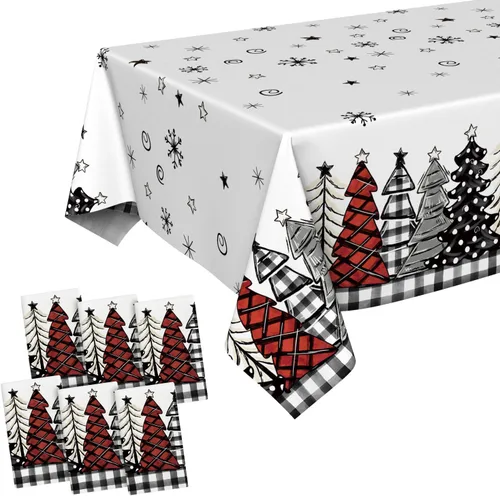 Miniatura 8 de Horaldaily 1 paquete de mantel desechable de Navidad, cubierta de mesa rectangular de plástico con árboles de nieve para decoración de fiesta