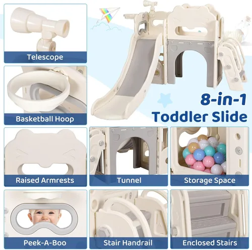 Miniatura 3 de MAMIZO Tobogán grande 8 en 1 para niños pequeños, tobogán en forma de L con pendiente larga, juego de escalador para bebés con escalones cerrados