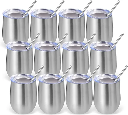 Miniatura 47 de Volhoply - Juego de 12 vasos de vino de 12 onzas con tapa, hechos de acero inoxidable con aislamiento al vacío de doble pared, vasos de vino sin Rosa