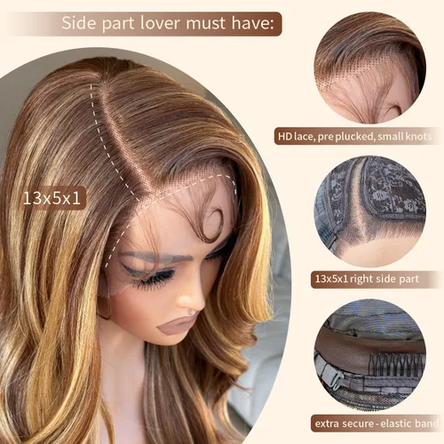 Miniatura 3 de BrownBomb - Peluca sintética de encaje frontal con onda corporal rubio miel, prearrancada, sin pegamento para mujeres, 4/27 con reflejos, degradado